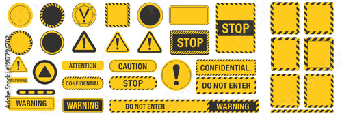 Collection of yellow and black caution frames, warning borders, and attention label templates for ranked industrial graphics, construction safety posters, alert symbols, hazard signage