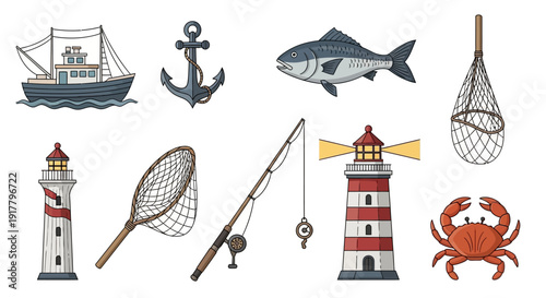 Fishing Themed Marine Life and Nautical Equipment Collection Set