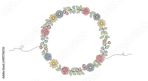 Watercolor-style floral wreath, perfect for invitations, cards, or feminine designs. Features delicate pastel colors and a hand-drawn feel on a white background.