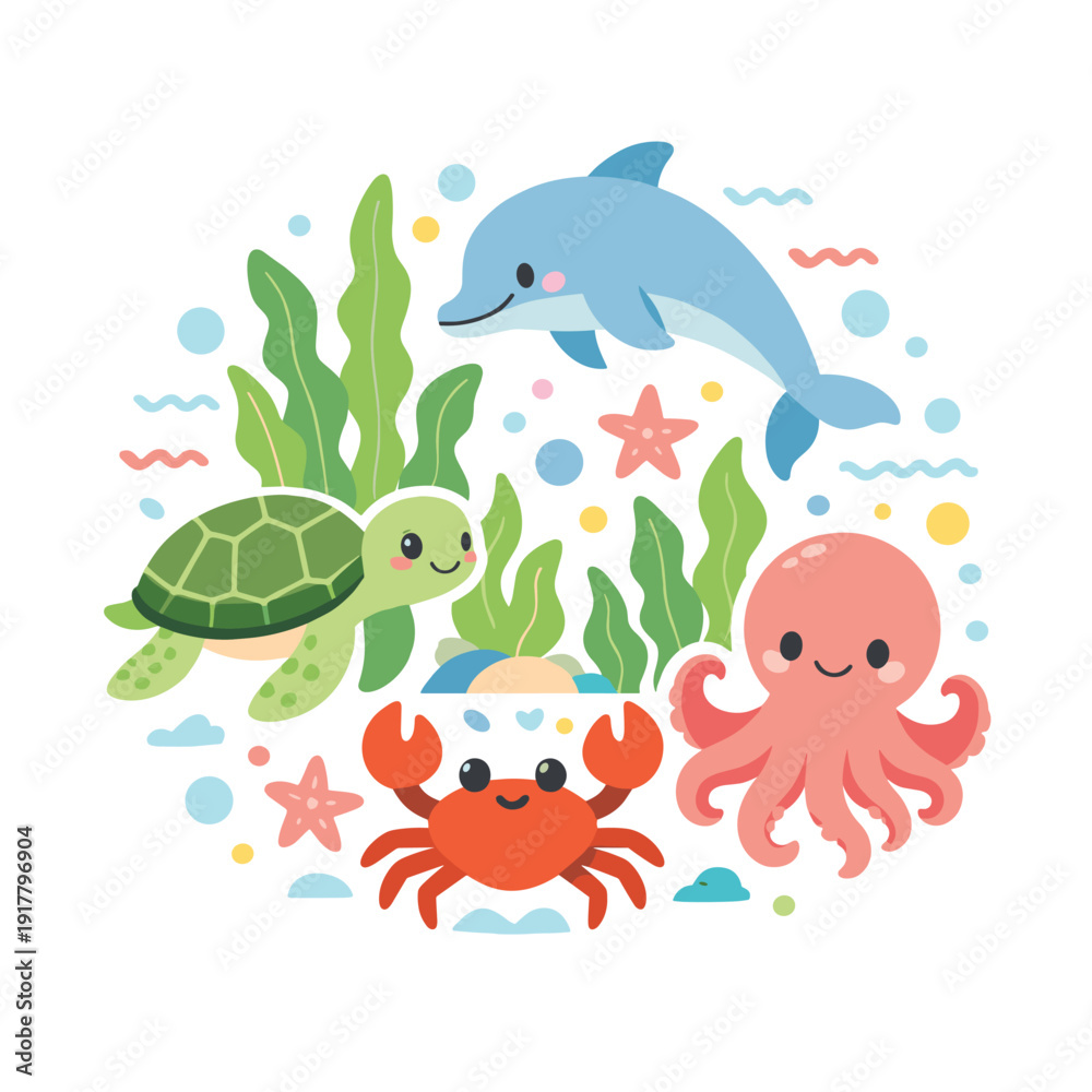 Fototapeta premium Cute marine animals illustration with sea plants