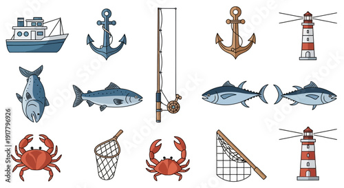 Fishing and Marine Objects Illustration Set with Boat Anchor Fish and Crab
