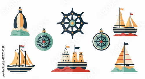 Nautical Themed Elements Collection Flat Design Illustration