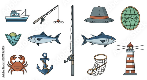 Fishing Marine Recreation Equipment Collection on White Background