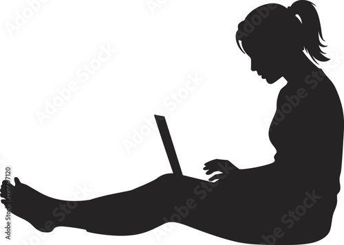 Black silhouette of a girl sitting cross-legged with a laptop woman female