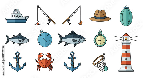Fishing and Nautical Themed Icons Set Boat Rods Hat Fish Crab Lighthouse