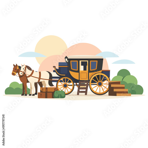 Horse-drawn carriage with luggage and landscape background