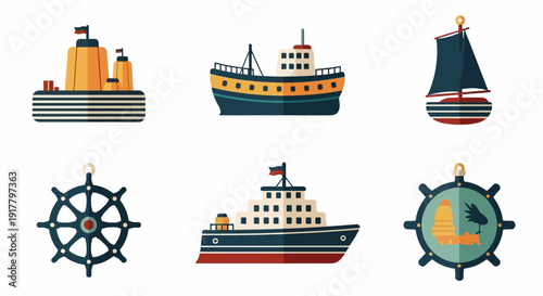 Maritime Icons Set with Various Boats and Ships Wheel Designs