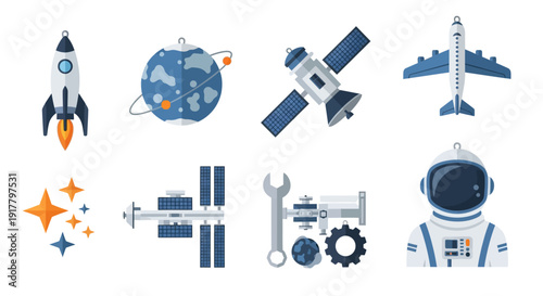 Space Exploration and Technology Icons Including Rocket Planet Astronaut