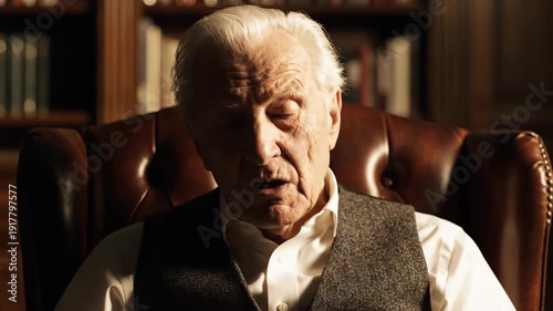 Elderly man in library chair gives thoughtful gesture.