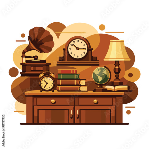 Antique desk with vintage items and decor