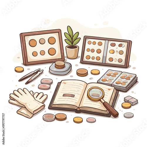 Coin collection display with magnifying glass and plant