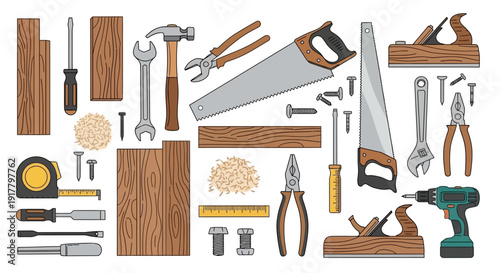 Carpentry Tools and Materials Flat Lay Illustration with Wood Planks