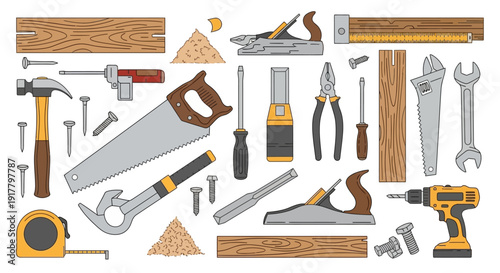 Woodworking Tools Collection with Various Carpentry Equipment and Materials