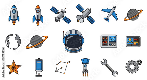 Space Exploration Technology and Cosmic Elements Icon Set