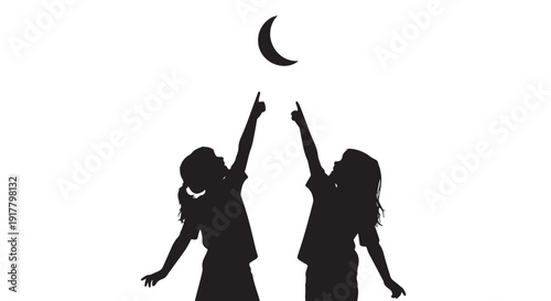 Children Pointing at Crescent Moon: Curiosity & Wonder