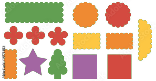 Colorful scalloped shape icons set, including labels, badges, stars, and decorative elements for ranked creative graphic design projects, digital artwork, social media visuals, branding layouts