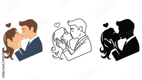 Couple kissing vector illustrations in various styles and colors