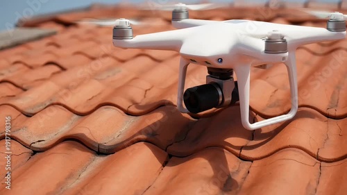 A white drone performs a roof inspection, hovering above weathered terracotta tiles.