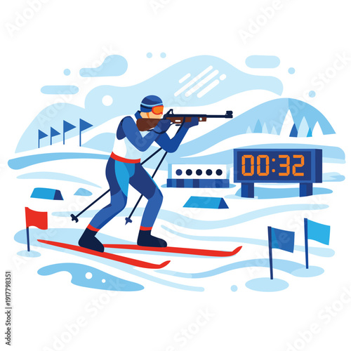 Biathlon athlete aiming at target with timer in background