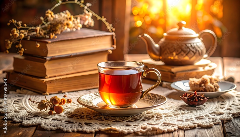 Fototapeta premium Golden Hour Tea Time: A Glass Cup of Tea with Vintage Books and Teapot
