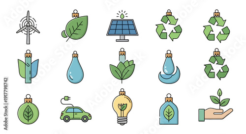 Sustainable Ecology Renewable Energy Icons Set with Environmental Symbols Flat Design