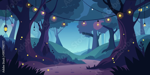 Magical forest scene with string lights on a serene evening