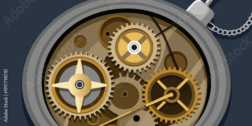 Intricate clockwork mechanism with golden gears in motion