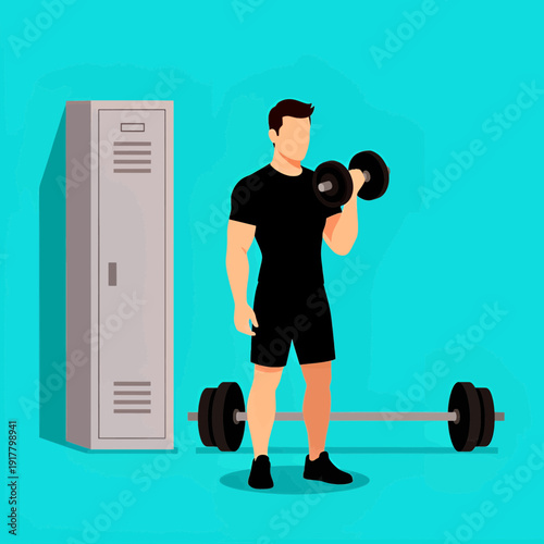 A man lifting weights in a modern home gym setup with exercise equipment and a computer.