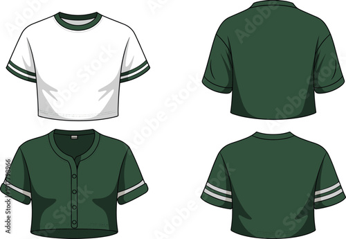 Four views of green and white short sleeved shirts button down