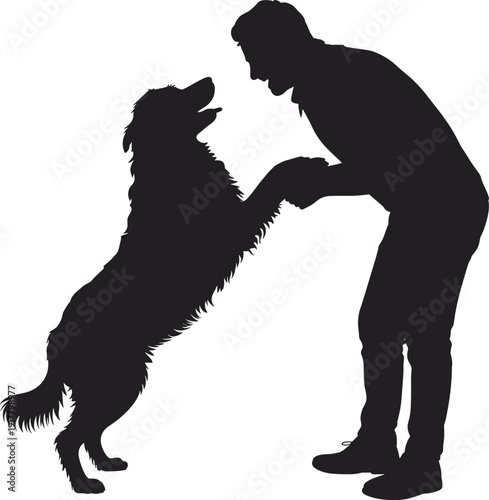 Man shaking hands with dog on white background handshake silhouette black