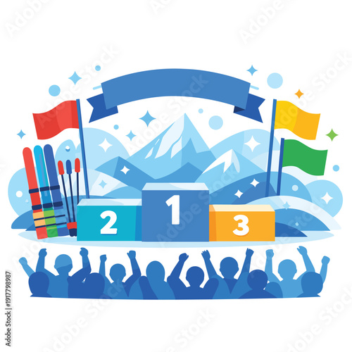 Ski competition podium with cheering crowd