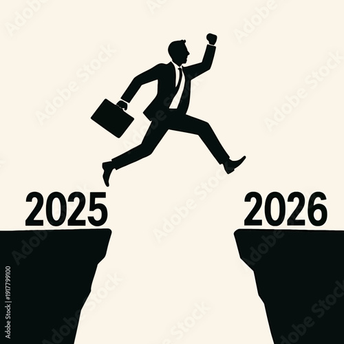 Business professional leaping between the years 2025 and 2026 on a cliff edge.
