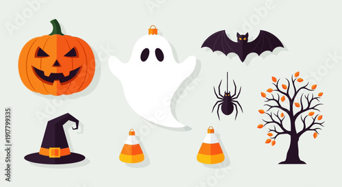 Halloween Flat Lay Collection with Pumpkins Ghost and Spooky Elements