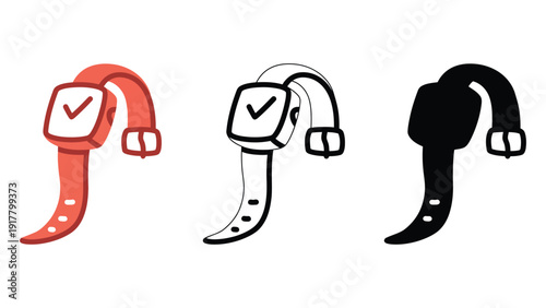Smartwatch vector icons in red, black and white colors with checkmark