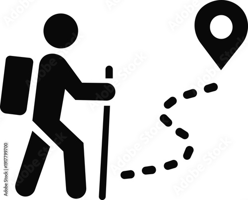 Hiking vector icon.black and white icon of hiker with backpack and walking stick following dotted path toward location marker symbolizing travel and exploration. Walking. Public icon.