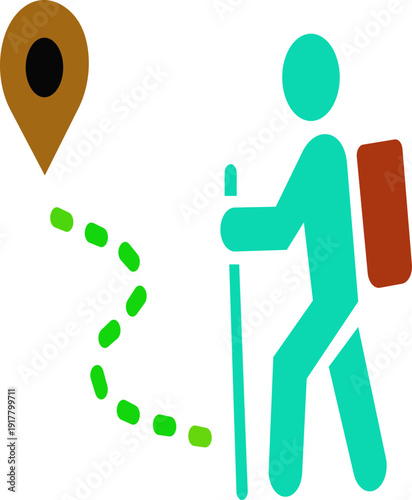 Hiking vector icon.black and white icon of hiker with backpack and walking stick following dotted path toward location marker symbolizing travel and exploration. Walking. Public icon.