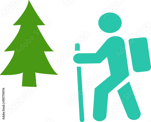 Hiking vector icon.black and white icon of hiker with backpack and walking stick following dotted path toward location marker symbolizing travel and exploration. Walking. Public icon.