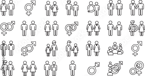 Collection of black line representing couples and gender symbols male female