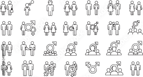 Collection of black and white line representing people and gender symbols male female transgender