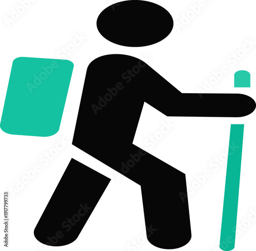 Hiking vector icon.black and white icon of hiker with backpack and walking stick following dotted path toward location marker symbolizing travel and exploration. Walking. Public icon.