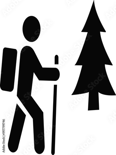 Hiking vector icon.black and white icon of hiker with backpack and walking stick following dotted path toward location marker symbolizing travel and exploration. Walking. Public icon.
