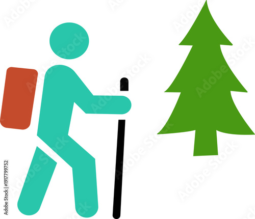 Hiking vector icon.black and white icon of hiker with backpack and walking stick following dotted path toward location marker symbolizing travel and exploration. Walking. Public icon.