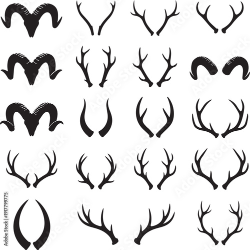 Collection of black silhouette animal horns and antlers on white background ram horns deer antlers 2