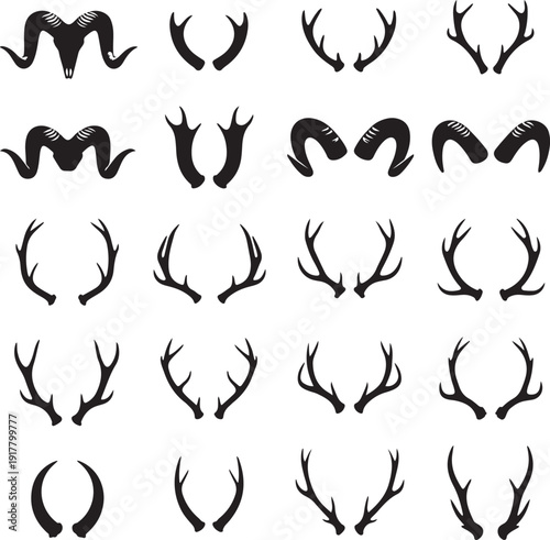 Collection of black silhouette animal horns and antlers on white background ram horns deer antlers 3