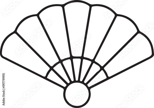 Hand Fan Outline Icon Simple Vector Illustration, Minimal black line illustration of a traditional folding hand fan, isolated on white background, symbolizing cooling, summer heat, fashion accessory, 