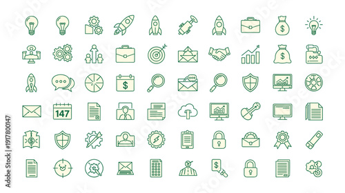 A flat vector illustration featuring a set of green web icons for business, money, and travel design elements on a mobile computer interface