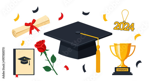 Graduation Celebration Elements 2024 with Diploma Cap Trophy and Rose