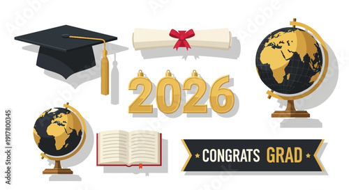 Graduation Cap Diploma Book Globe and Congrats Grad Banner 2026