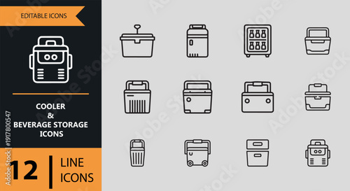 Cooler and Beverage Storage Equipment Outline Icons Collection
