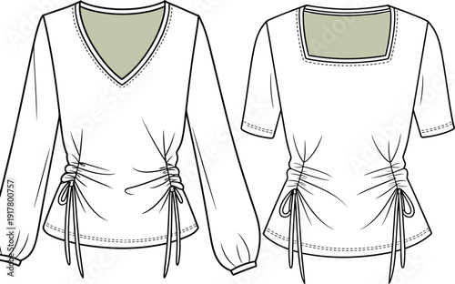 White blouse with sage green inner neckline V-neck square neckline long sleeve